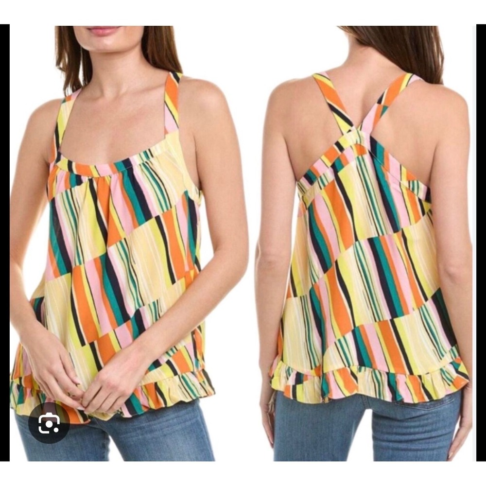 Cabi‎ Skip Top Womens Small Yellow Multi Stripe Ruffle Hem Criss Cross Back 5979